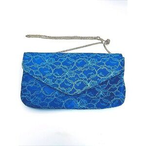 80's Blue Premium Lace Paisley Floral Fabric Satin Envelope Flap Formal Bag VTG